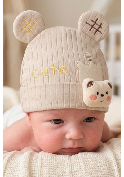 Kayra Baby Erkek Bebek Cute Ayıcık Figürlü Penye Şapka 0-9 Ay Bej