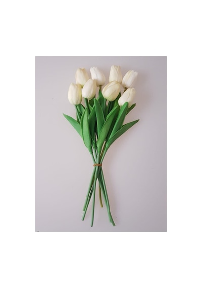 Yapay 8 Li Islak Lale Buketi Gerçeksi Doku Beyaz - Yapay Lale 32 Cm 8 Adet Kırık Beyaz