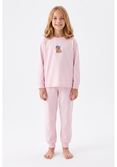 Bunny Hopp Kız Çocuk Uzun Kollu Pijama Takımı %100 Pamuk Pembe Kedi Desenli Penye