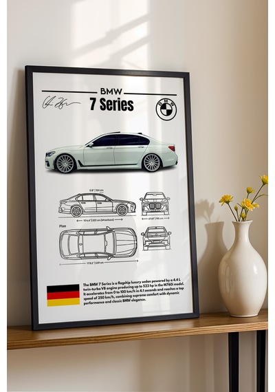 Bmw 7 Serisi Tablo - Teknik Özellikli Alman Lüks Sedan Poster - Çerçeveli Duvar Dekoru - Blueprint Siyah