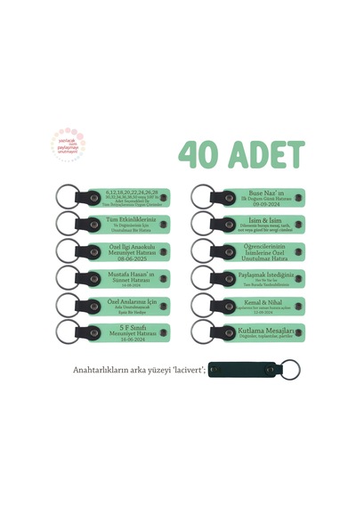 Açık Yeşil, Bebek Mevlidi Hatırası İçin İsim Yazılı Anahtarlık 40 Lı Set, Hediyelik Armağan Çok Renkli