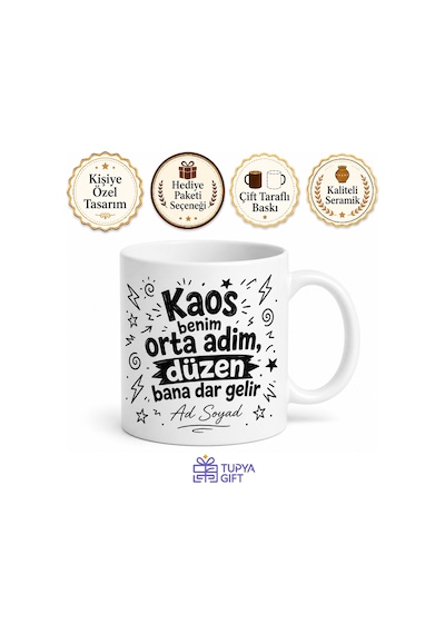 İsme Özel Kaos Yazılı Komik Baskılı Kupa Bardak Eğlenceli Hediye Beyaz / Çok Renkli