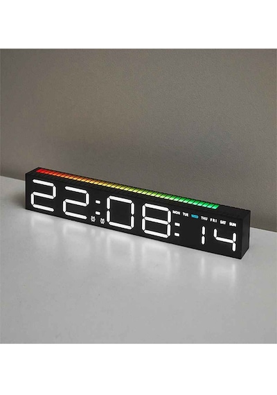 Techtic Geniş Ekran Dijital Masa Saati Ses Ritim Sensörlü Rgb Işık Tarih & Alarm Özellikli Modern Led Saat Siyah