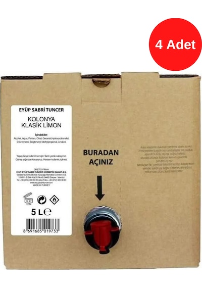 Eyüp Sabri Tuncer Klasik Limon Kolonyası 5 Litre x 4 Adet