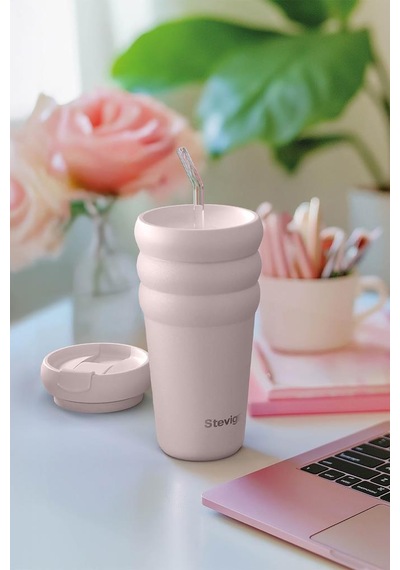 Stevig 3 Bubble Two-cap Straw Tumbler Çelik Termos 600 Ml Soft Quartz St-248 Pembe