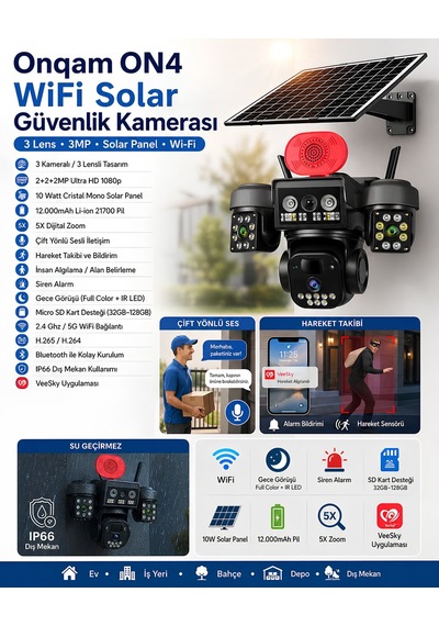 Onqam On4-wıfı Solar Güvenlik Kamerası 3 Lens 3mp - 3 Kameralı Akıllı Dış Mekan Kamera