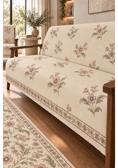 3 Lü Set 2 Adet 165x215 Cm Koltuk Örtüsü + 1 Adet 6m2 180x280 Cm Kaymaz Taban Dijital Baskılı Halı krem