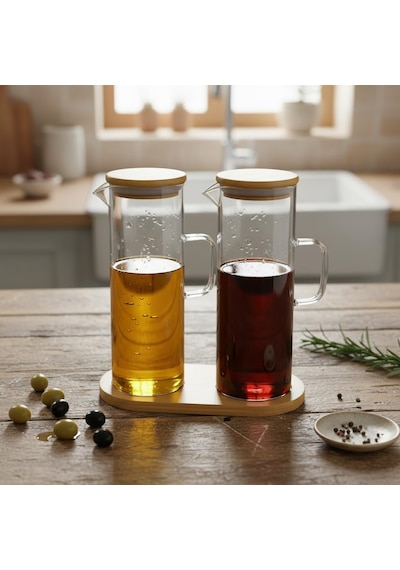 Deconox 2'li Şeffaf Cam Yağdanlık Ve Sirkelik Seti - Bambu Kapaklı Ve Özel Standlı Masaüstü Yağlık 190 Ml Diğer