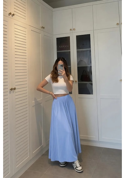 Kadın Mavi Poplin Kumaş Uzun Etek Beli Lastikli Günlük Maxi Etek 90 Cm Glmd-007-mv