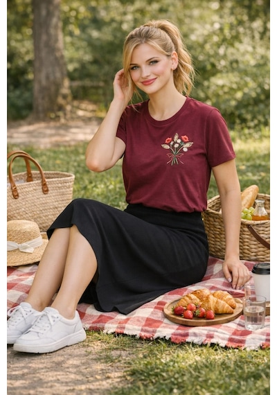 Yubistitch Tshirt Nakış İşlemeli Demet Çiçek- Penye-bordo