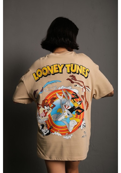 Noıssey Kod:ızeı - Unisex Oversize Looney Tunes Baskılı Pamuklu T-shirt P--1003 Bej