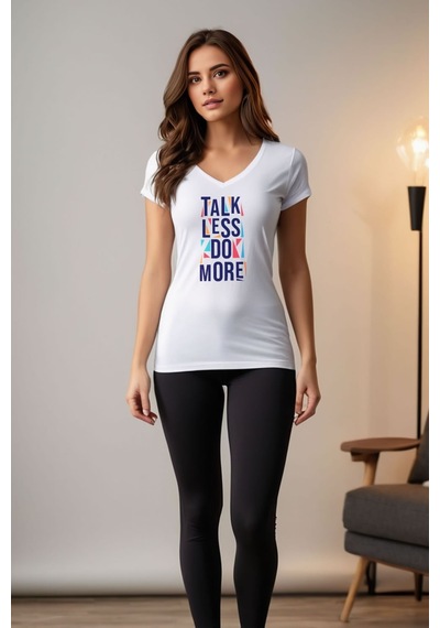 Squitee Talk Less Do More Baskılı Beyaz V Yaka Tişört - Beden: S