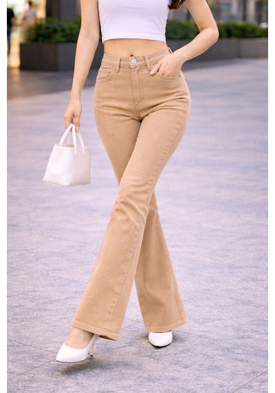 Cedy Denım Yüksek Kalite Kadın 5 Cep Düşük Bel İspanyol Paça Skinnyfit Esnek Jean Pantolon C619 Camel