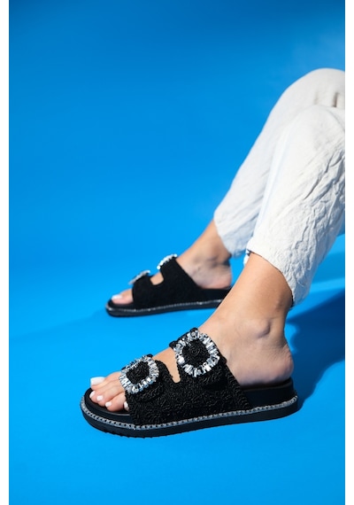 Luvishoes Dungeon Siyah Örme Çift Bantlı Taş Tokalı Kadın Terlik Siyah