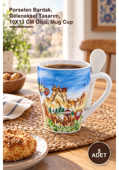 5 Adet Yöresel Kupa Porselen Bardak, Geleneksel Tasarım, 10x13 Cm Ölçü, Mug Cup Kahve
