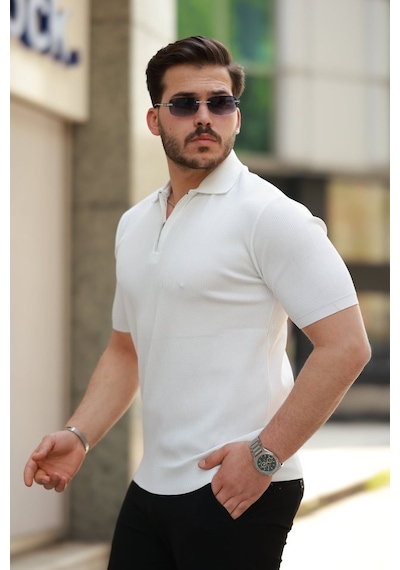 Erkek Fermuarlı Yakalı Kısa Kollu Tshirt Beyaz