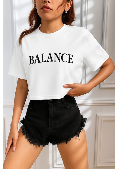 Kadın Tişört Crop Tişört Baskılı Fit Tişört Balance-tişört Beyaz