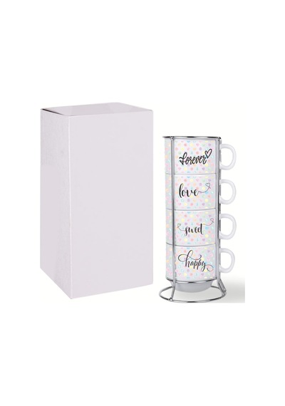 Deepcraft Stantlı 4'lü Fincan Seti Çıkmaz Baskılı Puantiyeli Desenli 4 Adet Fincan Seti 190 Ml Beyaz