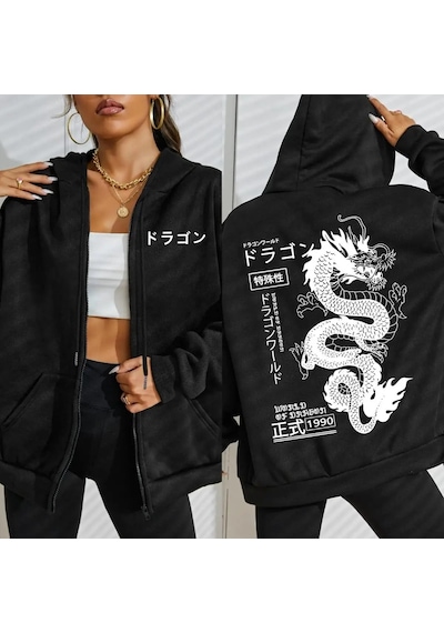 Tarzsokak Dünya Ejderha Özel 1990 Desen Kadın Fermuarlı Kapüşonlu Kıyafet Trendy Polar Hoody Rahat Sonb Siyah