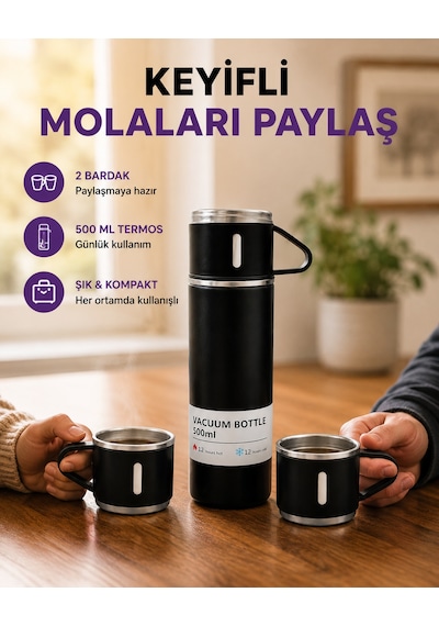 500 Ml Isı Korumalı Çelik Termos Ve Bardak Seti Silikon Tabanlı, Şık Ve Pratik - Lisinya Siyah