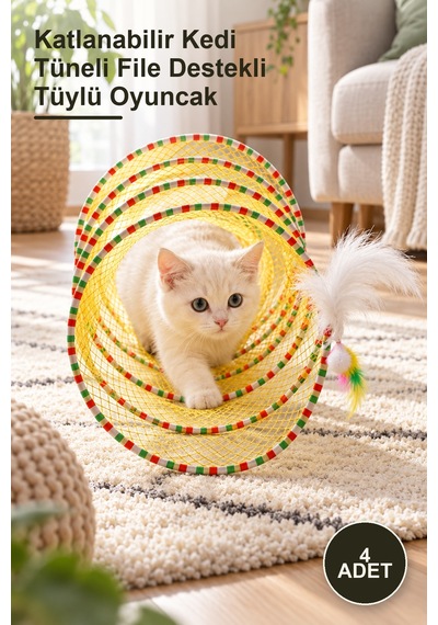 4 Adet Katlanabilir Kedi Tüneli File Destekli Tüylü Oyuncak