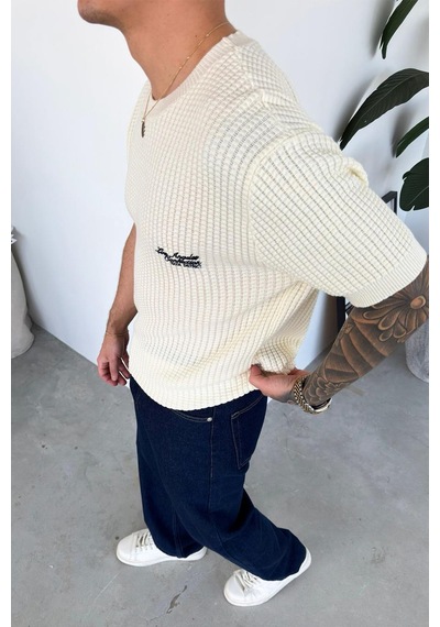 Krem Los Angeles Nakış Örme Triko Tişört