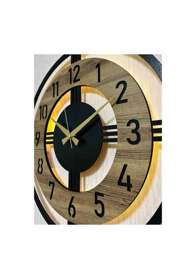 Pey Aksesuar Işıklı Ahşap Duvar Saati 48 Cm Dekoratif Modern Tasarım Kahverengi