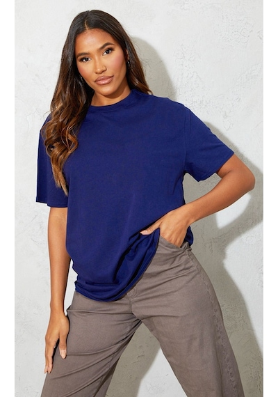 Düz Süprem T-shirt - Lacivert Oversize Bisiklet Yaka Kısa Kol Tişört Lacivert