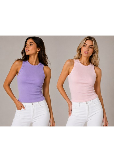 Feyece Kadın Lila Pudra Halter Yaka Fitilli 2'li Paket Crop Bluz Mor - Pudra