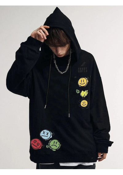 Startmore Unisex Emoji Özel Baskılı Kapüşonlu Oversize Sweatshirt Siyah Siyah