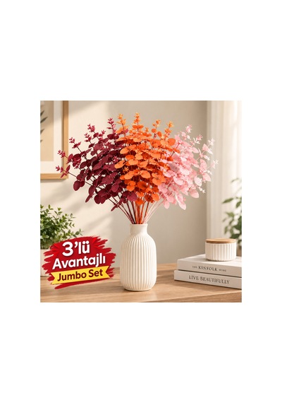 3'lü Avantajlı Yapay Okaliptus Demeti Dekoratif Çiçek 47 Cm Set Çok Renkli Çok Renkli