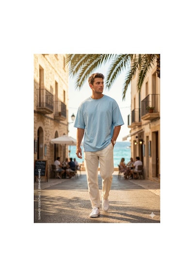 Erkek Oversize Tişört Bisiklet Yaka Basic Bol Kesim Kısa Kollu Günlük T-shirt Mavi