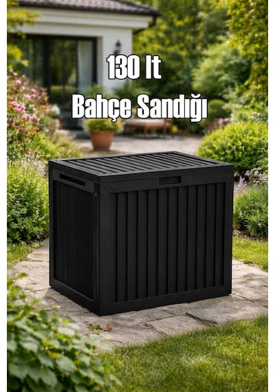 Porsima 161001-010 130lt Kilitli Organizer Kapaklı Bahçe Balkon Kiler Sandığı Çok Amaçlı Depolama Sandığı Siyah Siyah