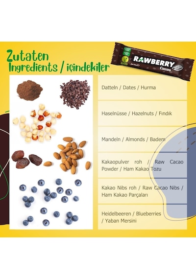 Rawberry Cacao Vegan Glutensiz Şeker İlavesiz Kuruyemiş Bar 15 x 33 G