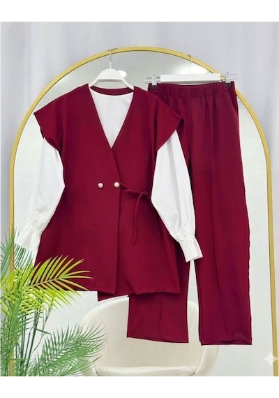 Lovie Moda Kadın Üçlü Şık Takım - Bordo Bej