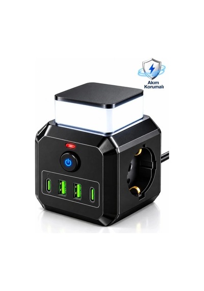 Akım Korumalı 3'lü Priz 2200w 1050j 10a Gece Lambalı 2 Usb 2 Type-c Şarj Girişli Bsp-4 2 M