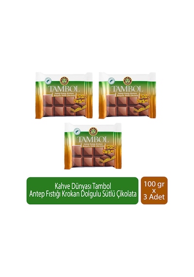 Kahve Dünyası Tambol Antep Fıstığı Krokan Dolgulu Sütlü Çikolata 100 Gr X 3 Adet
