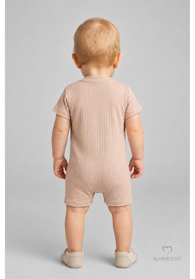 Babyden's Erkek Bebek Ayıcık Baskılı Kısa Kollu %100 Pamuk Yazlık Bebek Tulumu Yenidoğan Günlük Tulum 0-9 Ay Bej