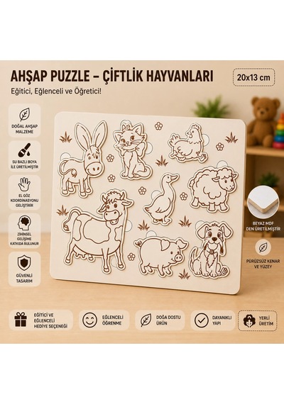 Ahşap Puzzle - Çiftlik Hayvanları: Eğitici Ve Öğretici Okul Öncesi Zeka Oyunu 20x13 Cm