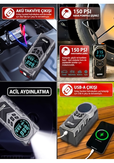Steiner Şarjlı 20.000mah Araç Akü Takviye Cihazı 150 Psı Işıklı Dijital Ekranlı Lastik Şişirme Hava Kompresörü Çantalı