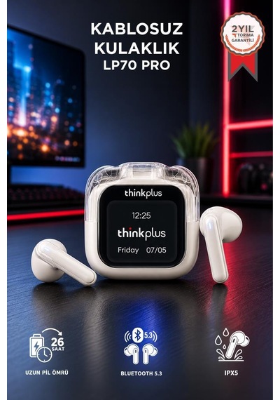 Lenovo Thinkplus Bluetooth Kulaklık Akıllı Dijital Ekranlı Tws 5.4 Kablosuz Kulaklık Lp70 Pro Beyaz