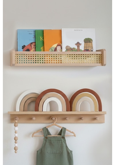 Ahşap Montessori Hazeran 2'li Çocuk Odası Duvar Rafı, Kitaplık Ahşap