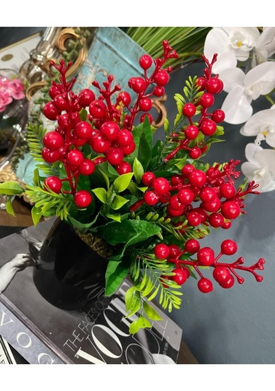 Yapay Çiçek Yılbaşı Çiçeği Kırmızı Kokina Siyah Saksıda 14 Dal 30*25cm