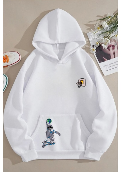 Nevermind Unisex Astronot Basketbolcu Baskılı İpli Kapüşonlu Beyaz