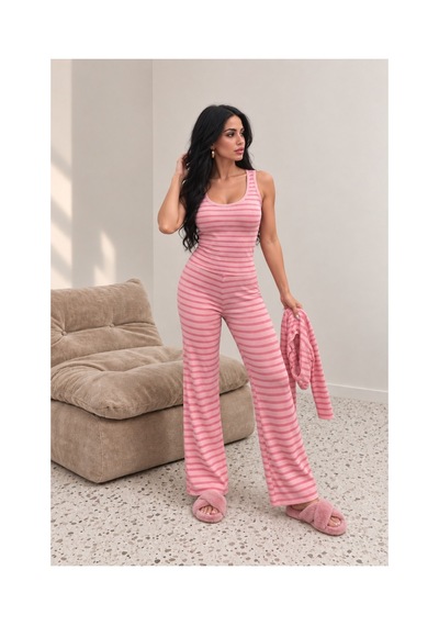 Evoa Kadın Pembe 3'lü Çizgili Atletli Ve Bolerolu Pijama Takım