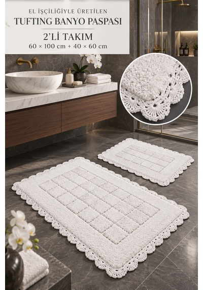 Alanur Bodrum Tufting Cotton Pamuklu El Işi Örgülü 2 Li Paspas 109 Beyaz