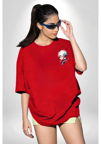 My Hero Academia Boku Anime Kırmızı Oversize Unisex Ön Ve Sırt Baskılı Tişört Kırmızı
