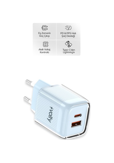 Hızlı Şarj Adaptörü 35w Gan + Lightning Kablo 30w Pd Usb-c&usb-a, Tablet&telefon Mavi-v0102018