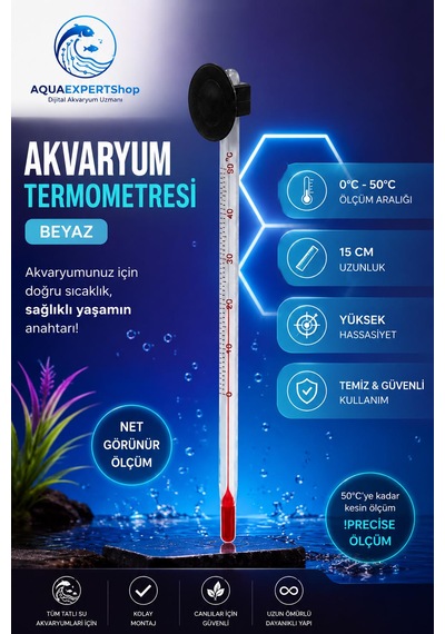 Akvaryum Termometre - Beyaz - Hassas Ölçüm - Cam Termometre - 0/50 Derece Arası Ölçüm - Net Görünür - Güçlü Vantuz
