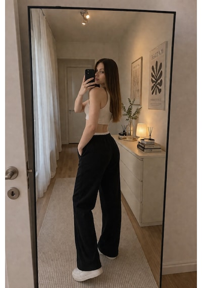 Winmoda34 Kadın Kumaş Pantolon Beli Garnili Bağcıklı Bol Paça Palazzo Model Siyah